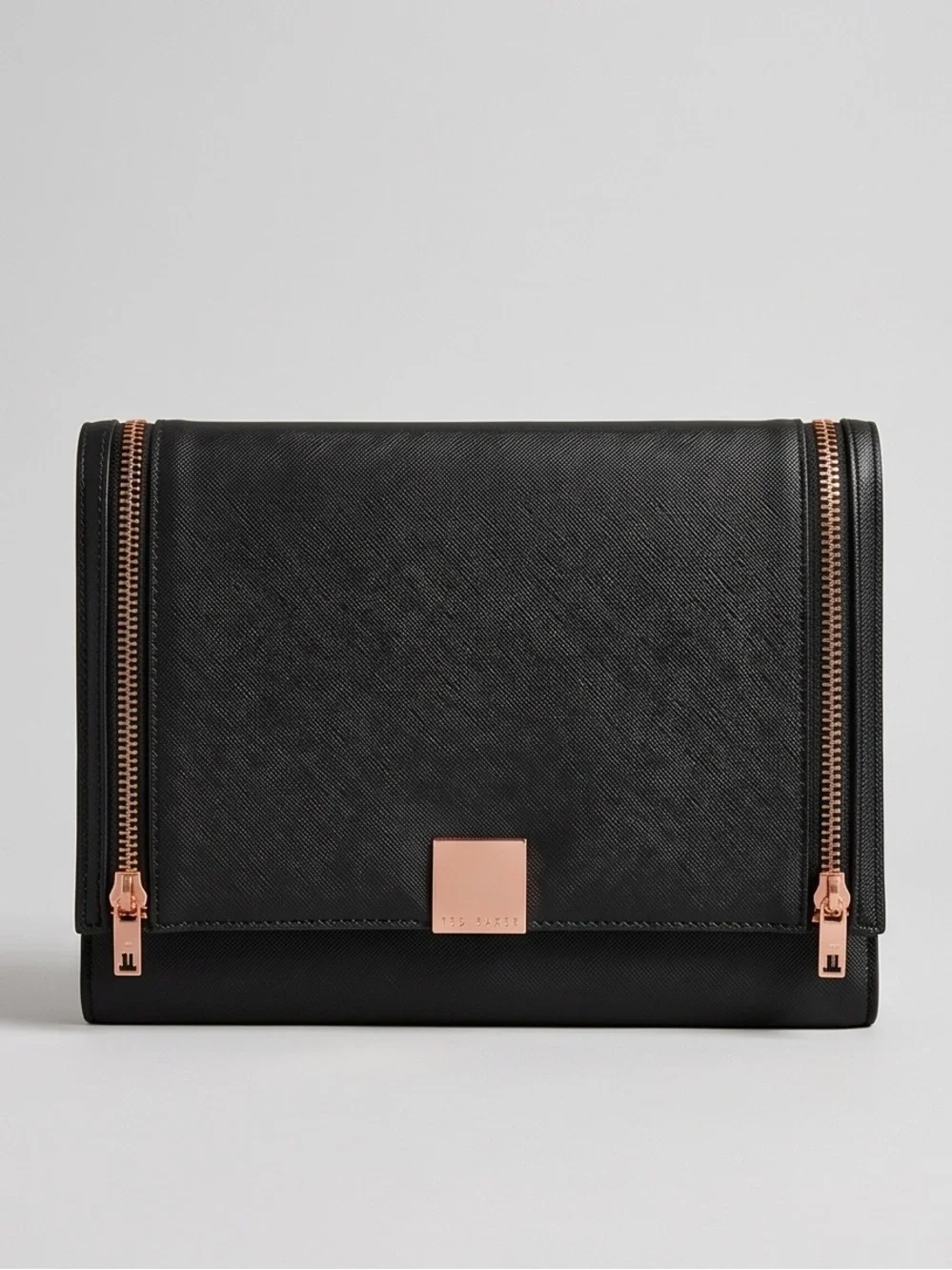 TED BAKER Black saffiano envelope-style clutch dual rose-gold zipper accent